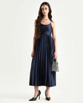 Rareism Women's Montreal Metallic Navy Shoulder Strap Plain Shoulder Strap Midi Fit And Flare Dress
