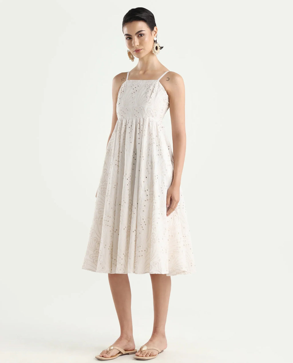 Rareism Women's Calvert White Cotton Shoulder Strap Plain Shoulder Strap Midi Fit And Flare Dress