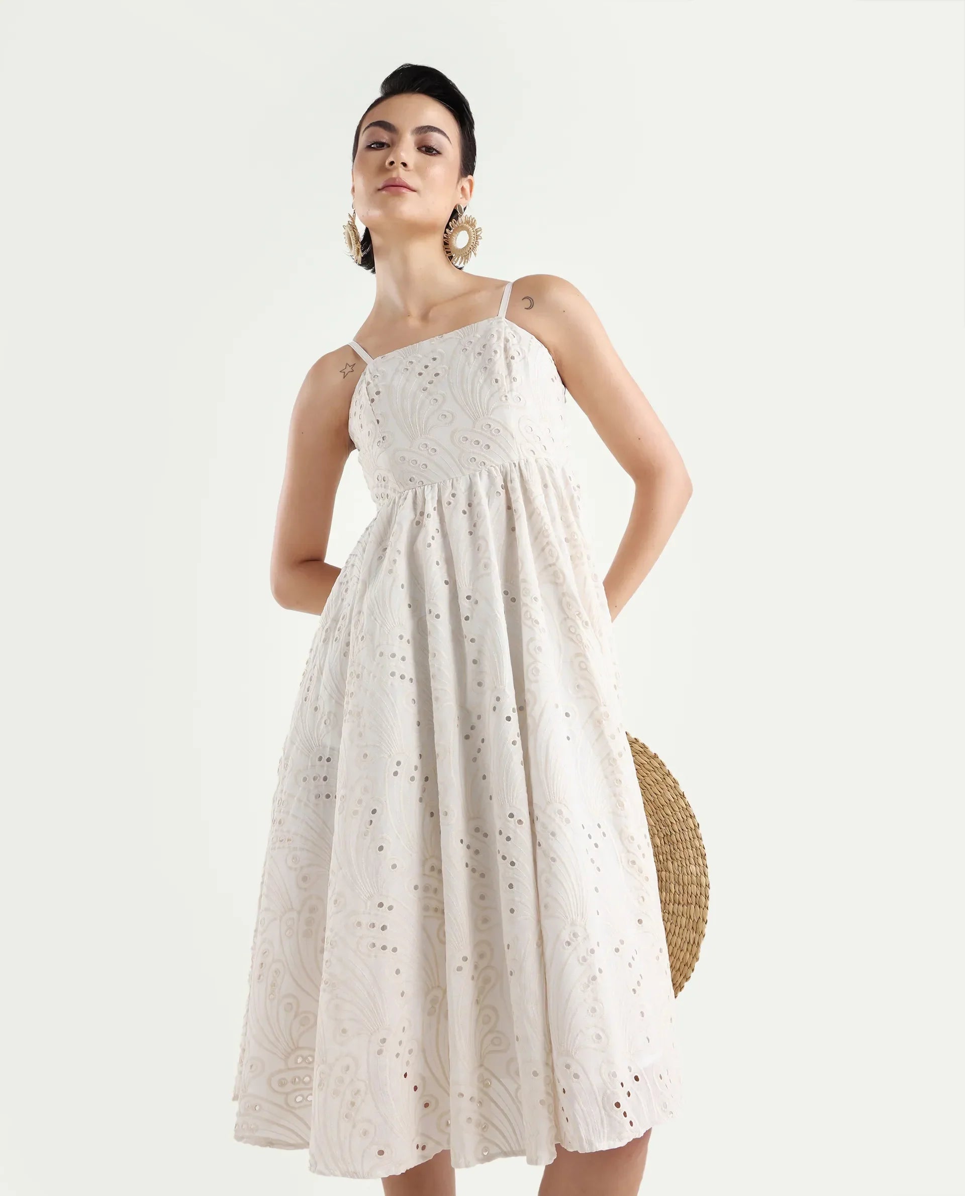Rareism Women's Calvert White Cotton Shoulder Strap Plain Shoulder Strap Midi Fit And Flare Dress