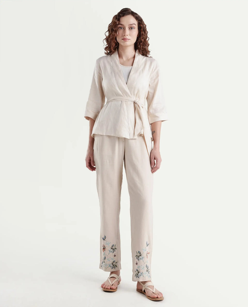 Rareism Women's Costa-B Light Beige Linen Plain Ankle Length Tapered Trouser
