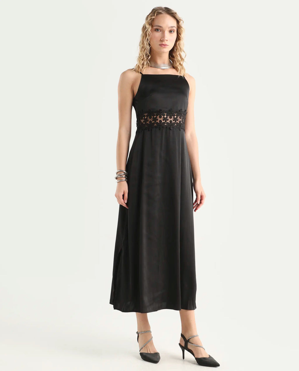 Rareism Women's Galcia Black Polyester Shoulder Strap Plain Shoulder Strap Maxi A-Line Dress