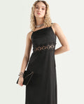Rareism Women's Galcia Black Polyester Shoulder Strap Plain Shoulder Strap Maxi A-Line Dress