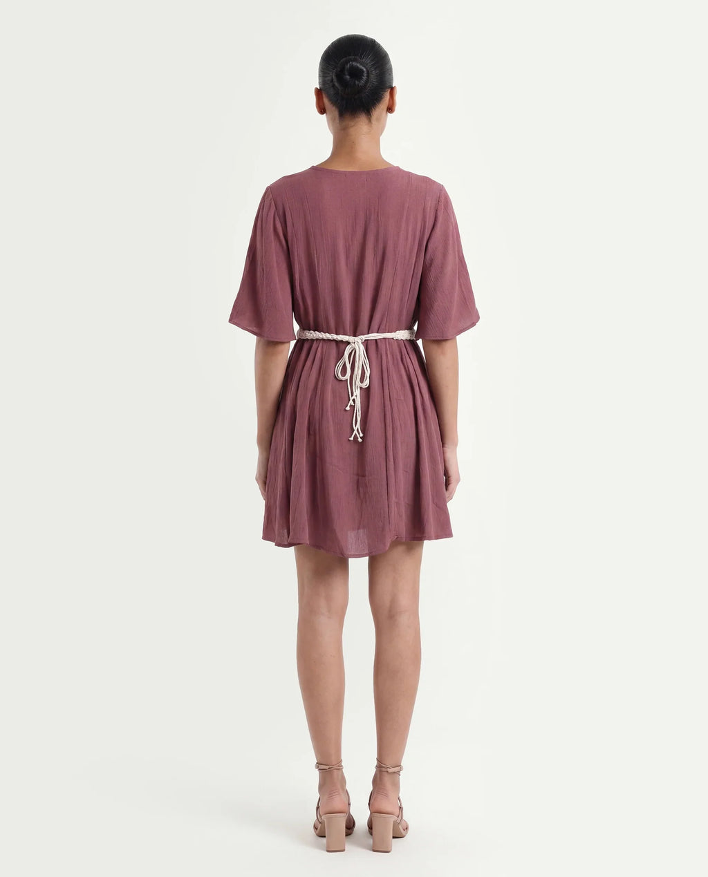 Rareism Women's Gildmore Maroon Rayon V-Neck Plain Flared Sleeve Mini Flared Dress