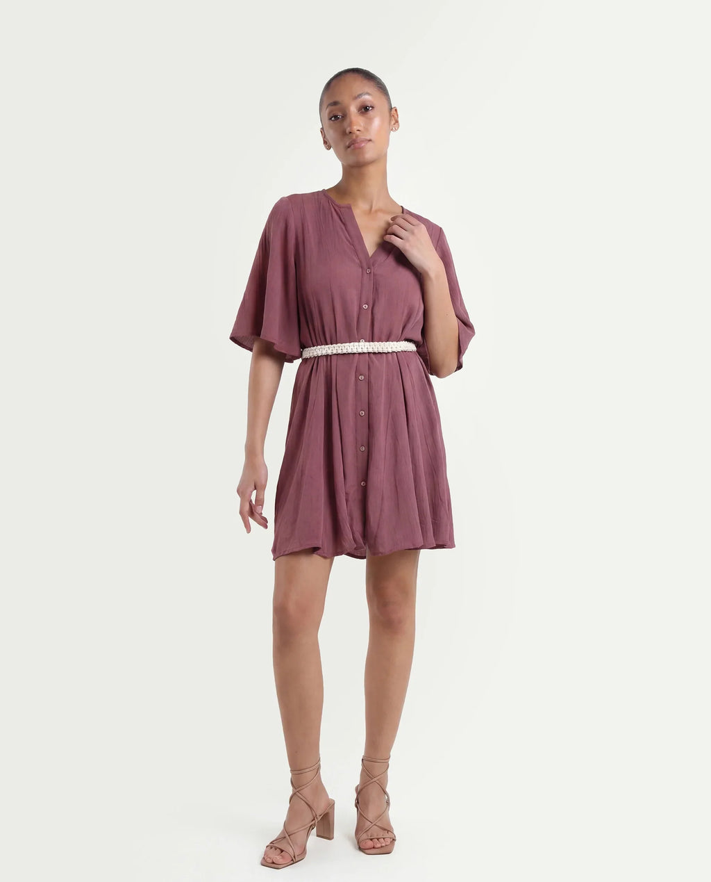 Rareism Women's Gildmore Maroon Rayon V-Neck Plain Flared Sleeve Mini Flared Dress