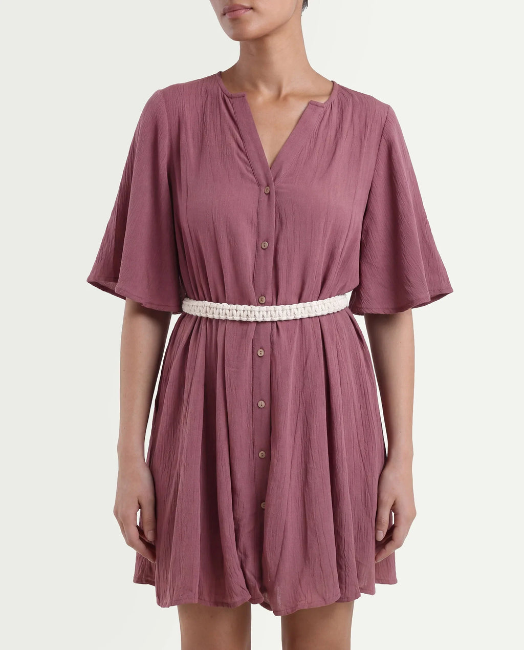 Rareism Women's Gildmore Maroon Rayon V-Neck Plain Flared Sleeve Mini Flared Dress