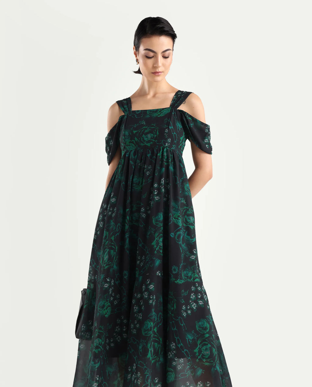 Rareism Women's Groves Black Polyester Blend Shoulder Strap Floral Print Shoulder Strap Maxi Fit And Flare Dress