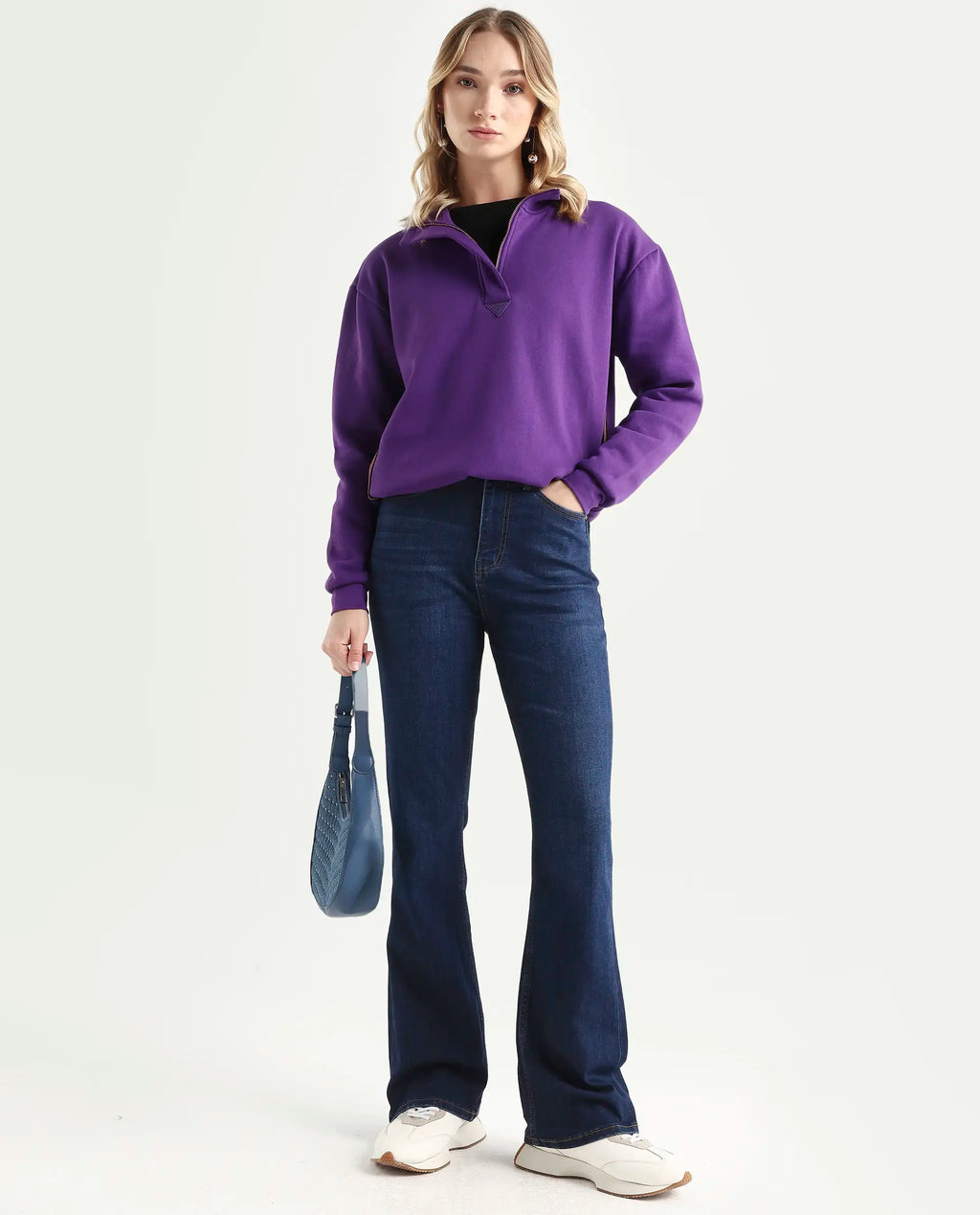 Rareism Women's Hadley Dark Blue Cotton Blend Plain Ankle Length Iconic Bootcut Jeans