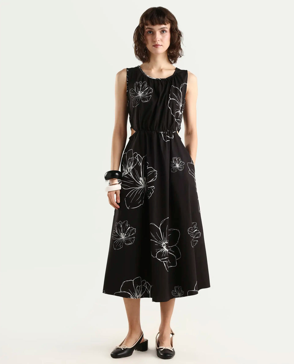 Rareism Women's Layla Brown Cotton Blend Crew Neck Floral Print Sleeveless Midi Fit And Flare Dress