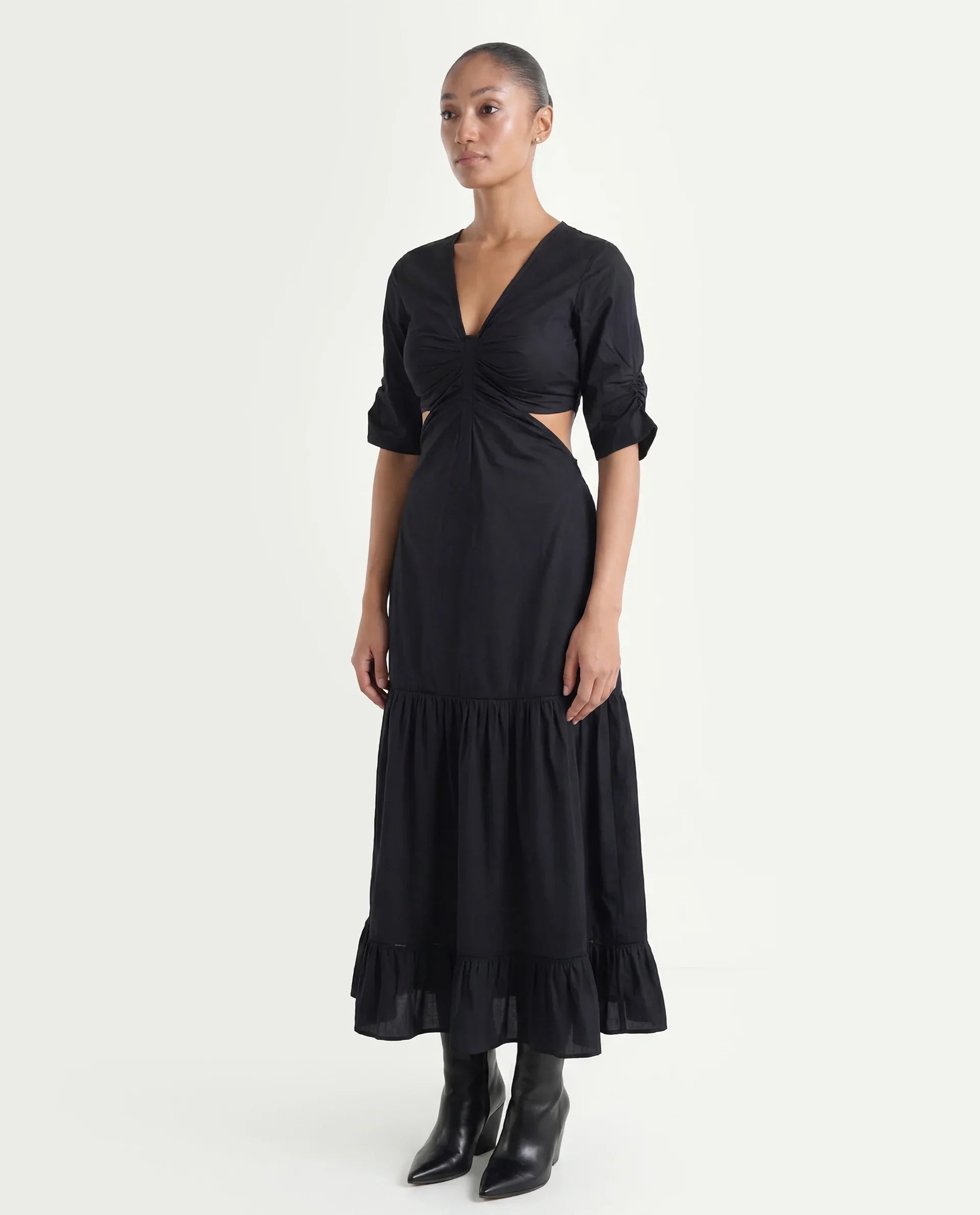 Rareism Women's Lesman Black Cotton V-Neck Plain Puff Sleeves Maxi Fit And Flare Dress