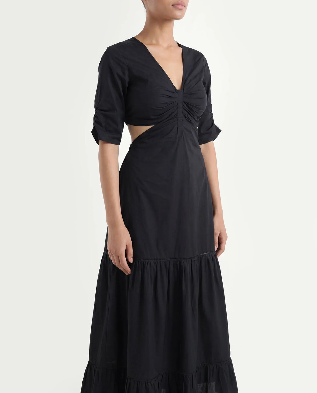 Rareism Women's Lesman Black Cotton V-Neck Plain Puff Sleeves Maxi Fit And Flare Dress