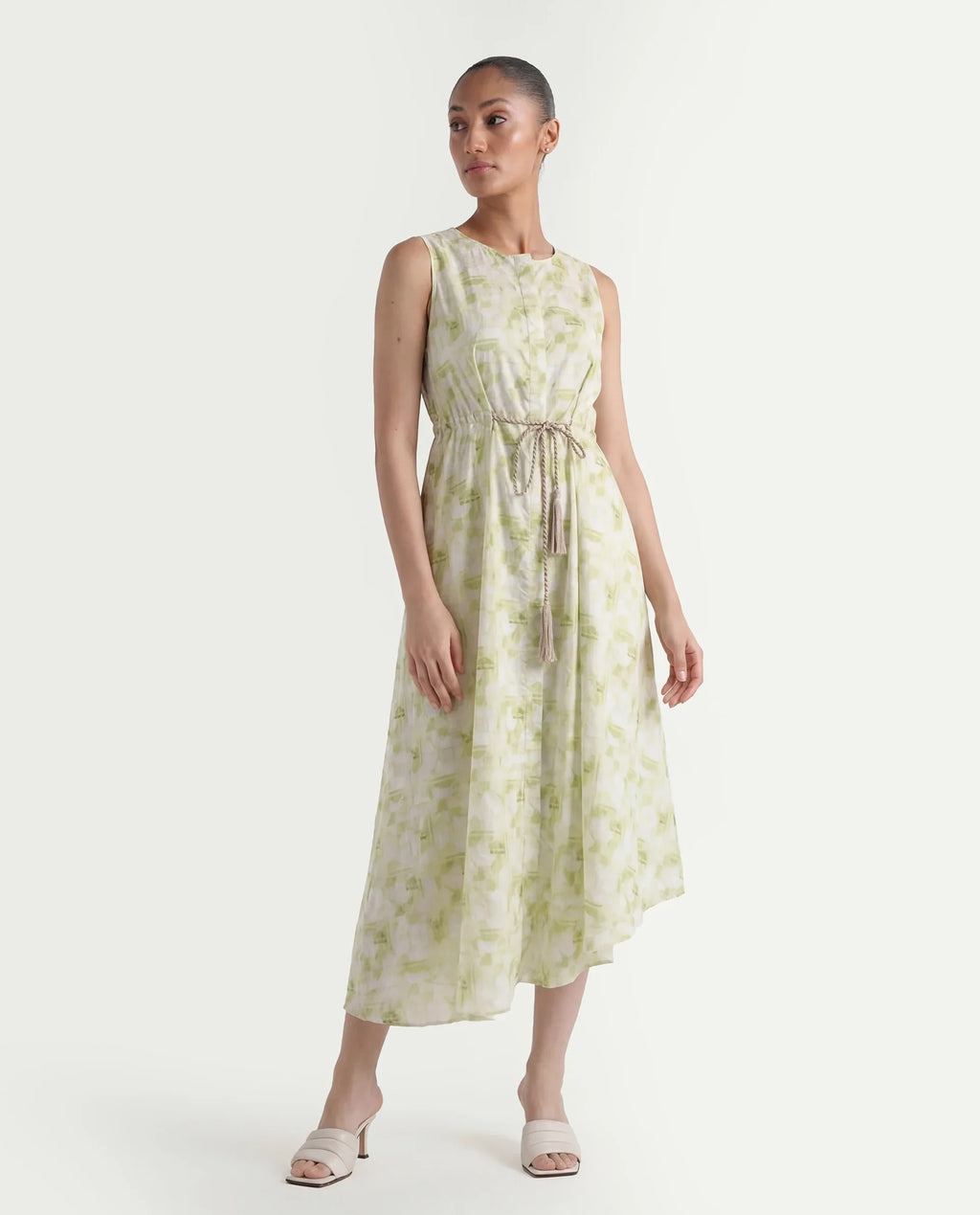 Rareism Women's Loralai Green Cotton Crew Neck Geometric Print Sleeveless Maxi Flared Dress