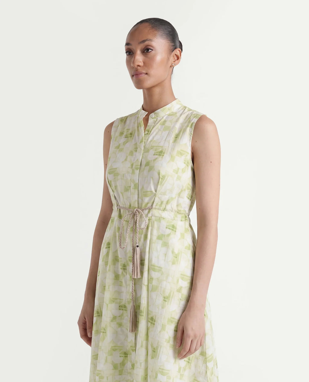 Rareism Women's Loralai Green Cotton Crew Neck Geometric Print Sleeveless Maxi Flared Dress
