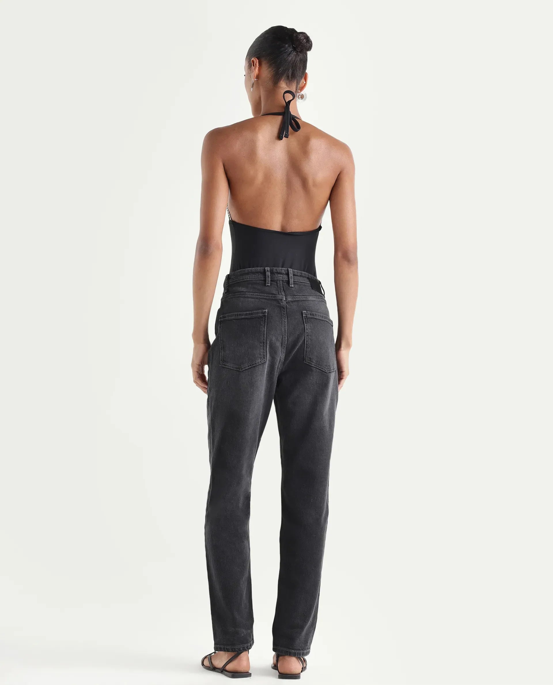 Rareism Women's Loreto Grey Cotton Blend Plain Ankle Length Mom Fit Jeans