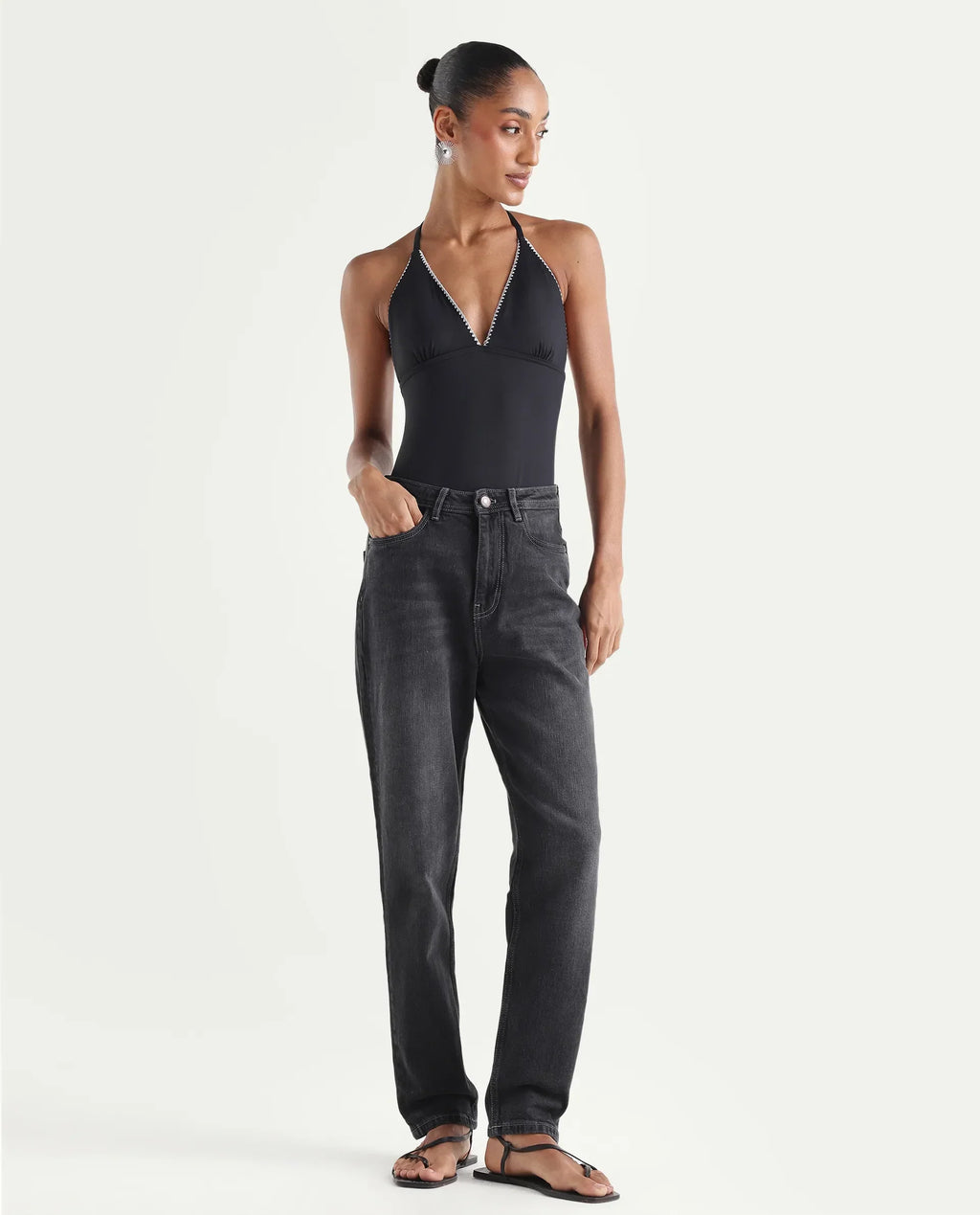 Rareism Women's Loreto Grey Cotton Blend Plain Ankle Length Mom Fit Jeans