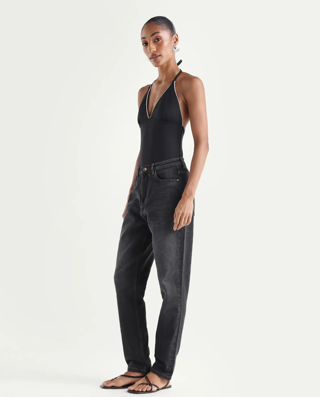 Rareism Women's Loreto Grey Cotton Blend Plain Ankle Length Mom Fit Jeans