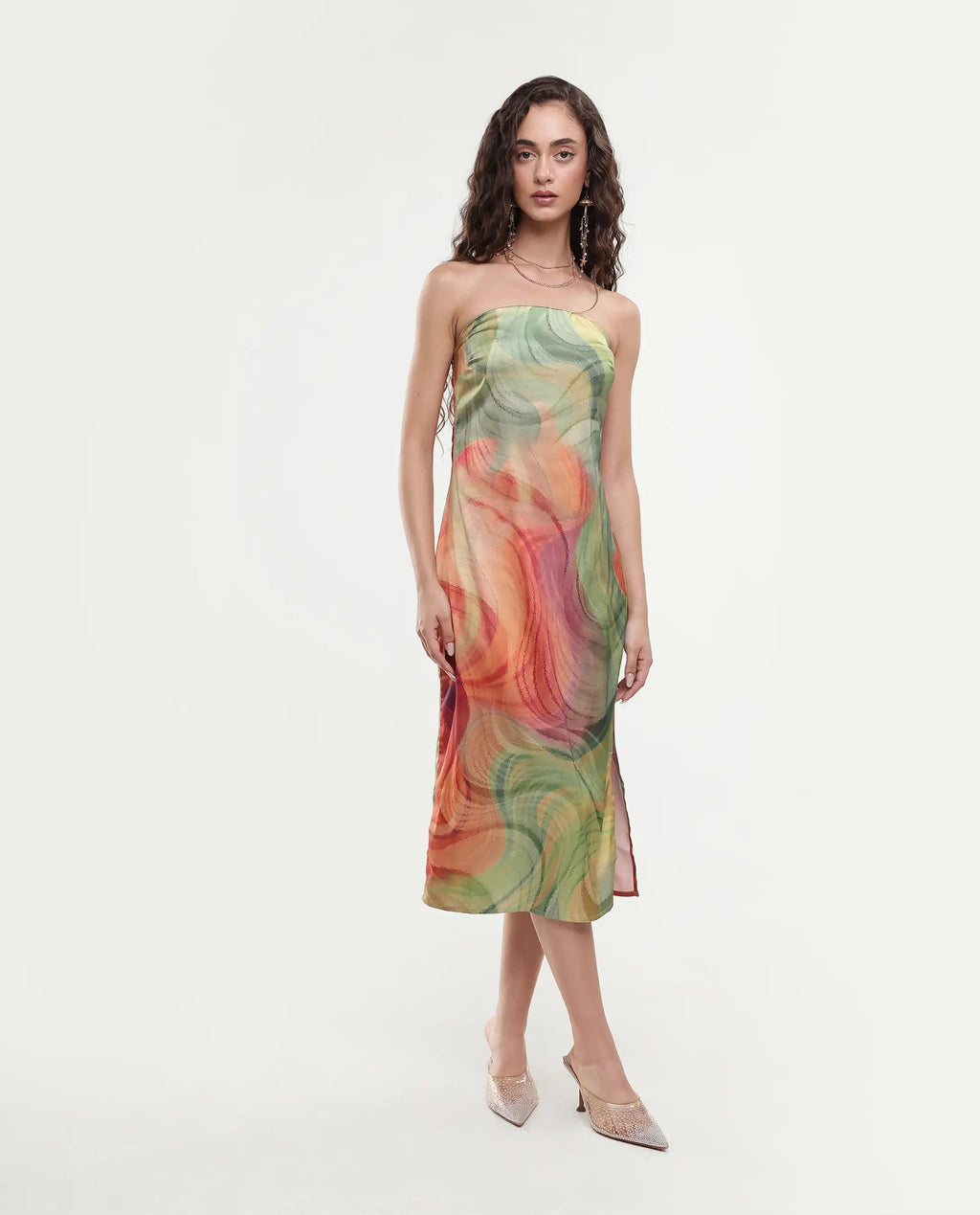 Rareism Women's Mermaid Multi Polyester Shoulder Strap Abstract Print Sleeveless Midi Bodycon Dress