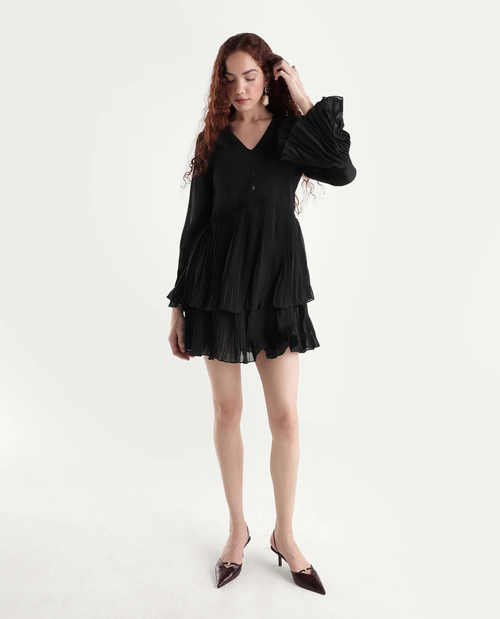 Rareism Women's Olympia Black Polyester Drop Collar Plain Bell Sleeve Mini Fit And Flare Dress