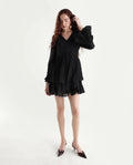 Rareism Women's Olympia Black Polyester Drop Collar Plain Bell Sleeve Mini Fit And Flare Dress