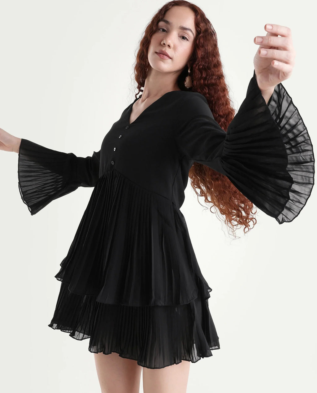 Rareism Women's Olympia Black Polyester Drop Collar Plain Bell Sleeve Mini Fit And Flare Dress