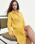 Rareism Women's Peruvian Yellow Cotton Linen Drop Collar Plain Cuffed Sleeve Midi A-Line Dress