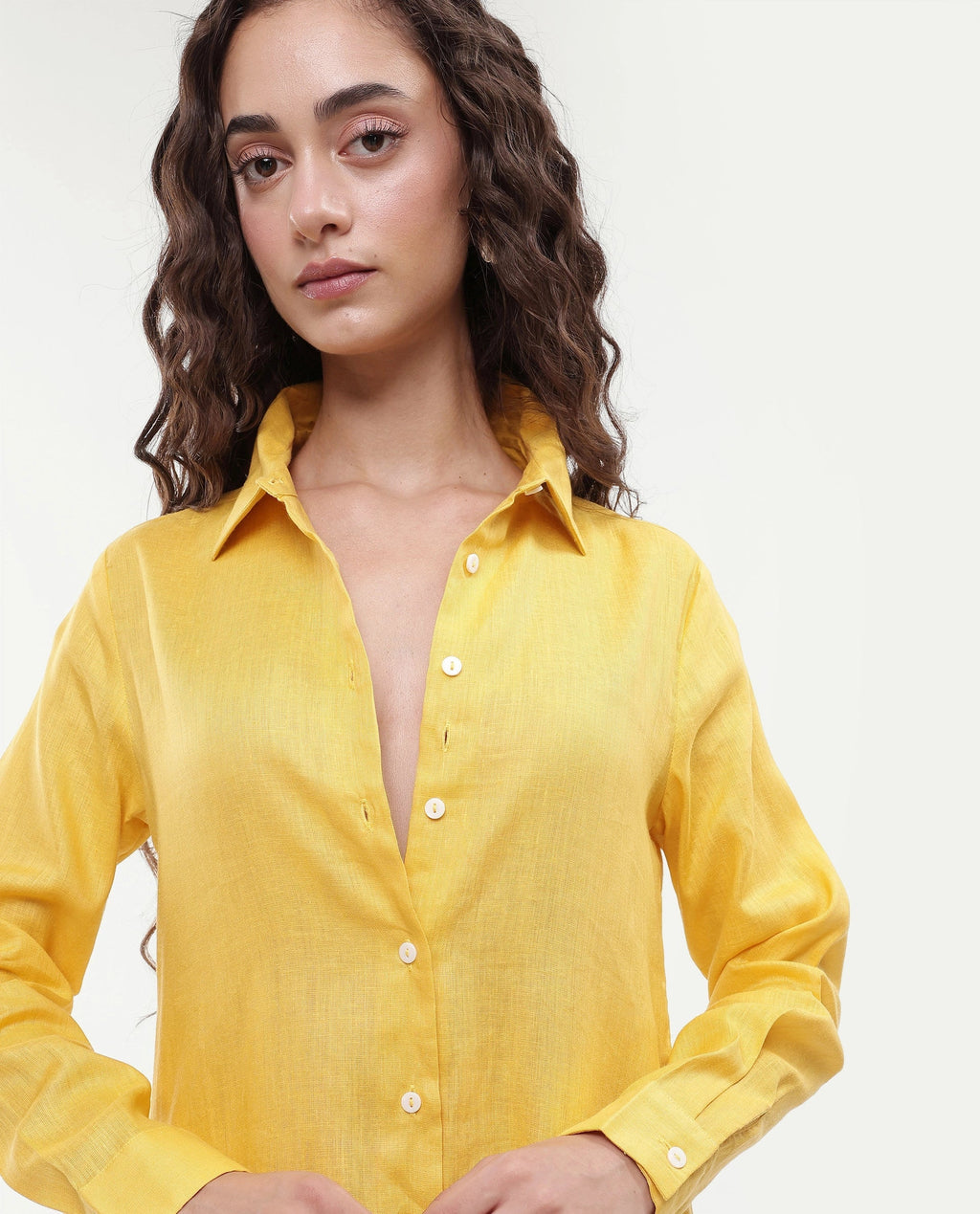 Rareism Women's Peruvian Yellow Cotton Linen Drop Collar Plain Cuffed Sleeve Midi A-Line Dress