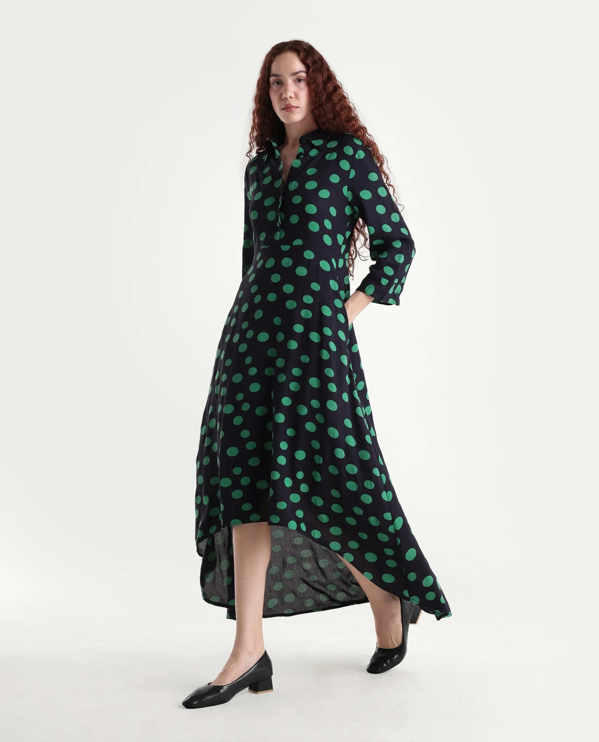 Rareism Women's Winslet Black Rayon Drop Collar Polka Print Cuffed Sleeve Maxi Flared Dress