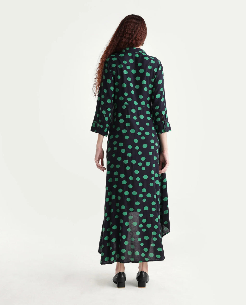Rareism Women's Winslet Black Rayon Drop Collar Polka Print Cuffed Sleeve Maxi Flared Dress