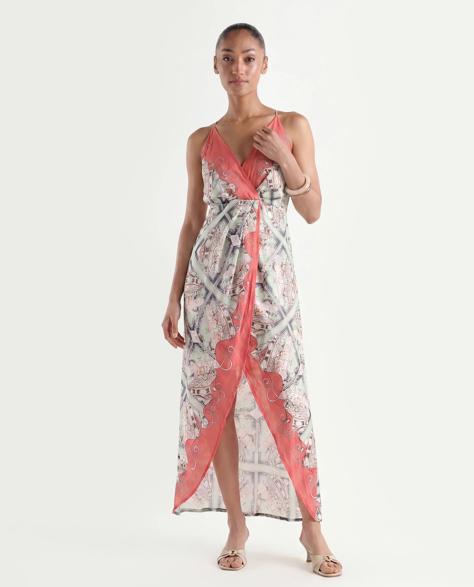 Rareism Women's Bluries Pastel Green Cotton Overlap Neck Abstract Print Shoulder Strap Maxi Fit And Flare Dress
