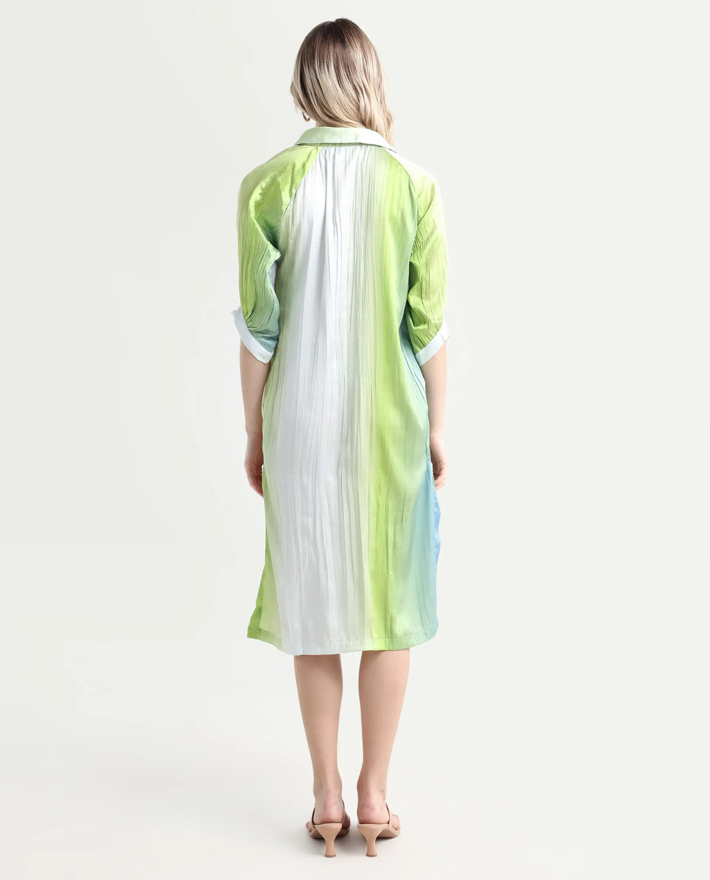 Rareism Women's Boris Multi Polyester Drop Collar Ombre Raglan Sleeve Midi A-Line Dress