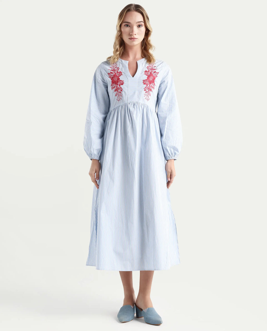 Rareism Women's Calia Blue Cotton Collarless Striped Bishop Sleeve Midi A-Line Dress