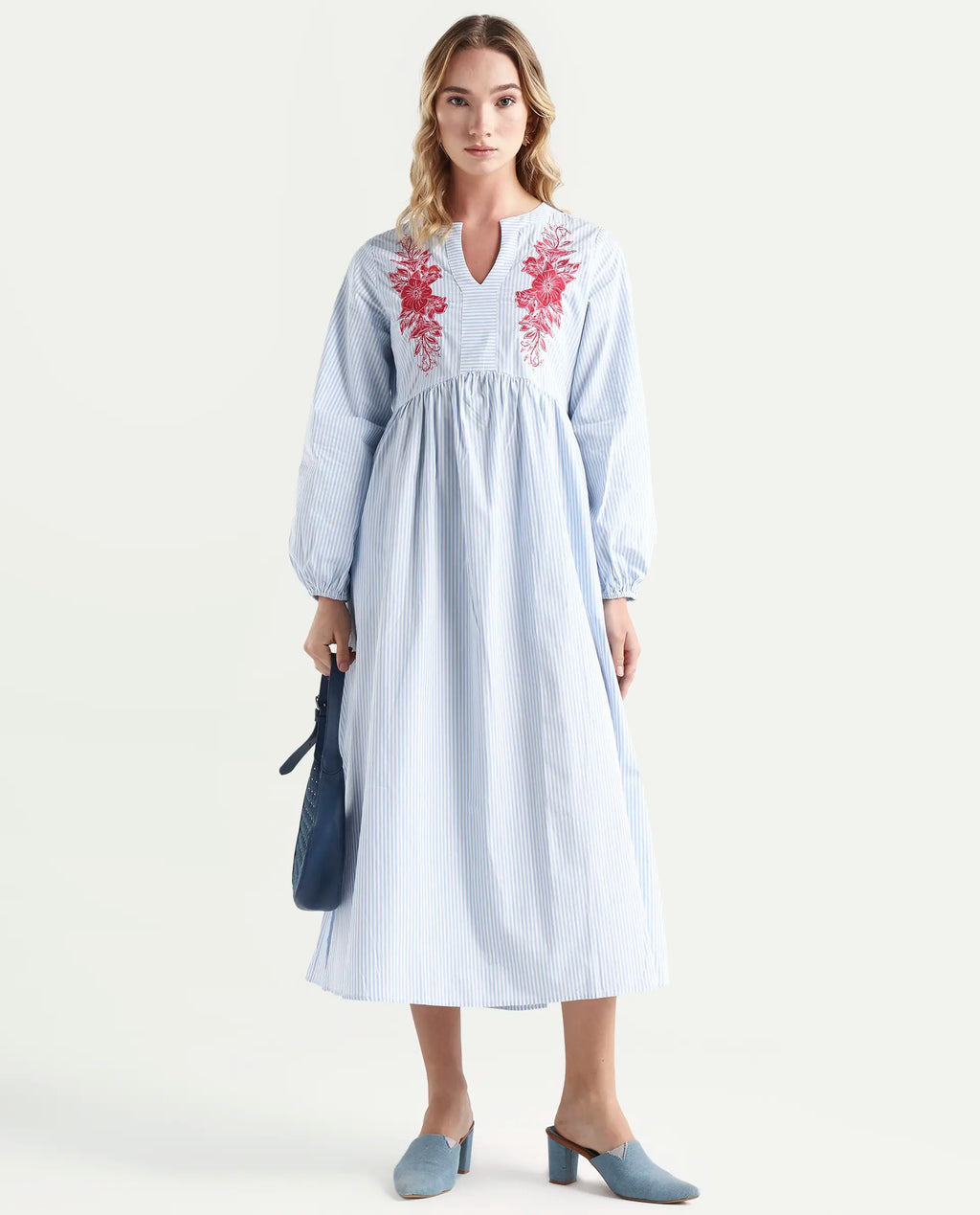 Rareism Women's Calia Blue Cotton Collarless Striped Bishop Sleeve Midi A-Line Dress