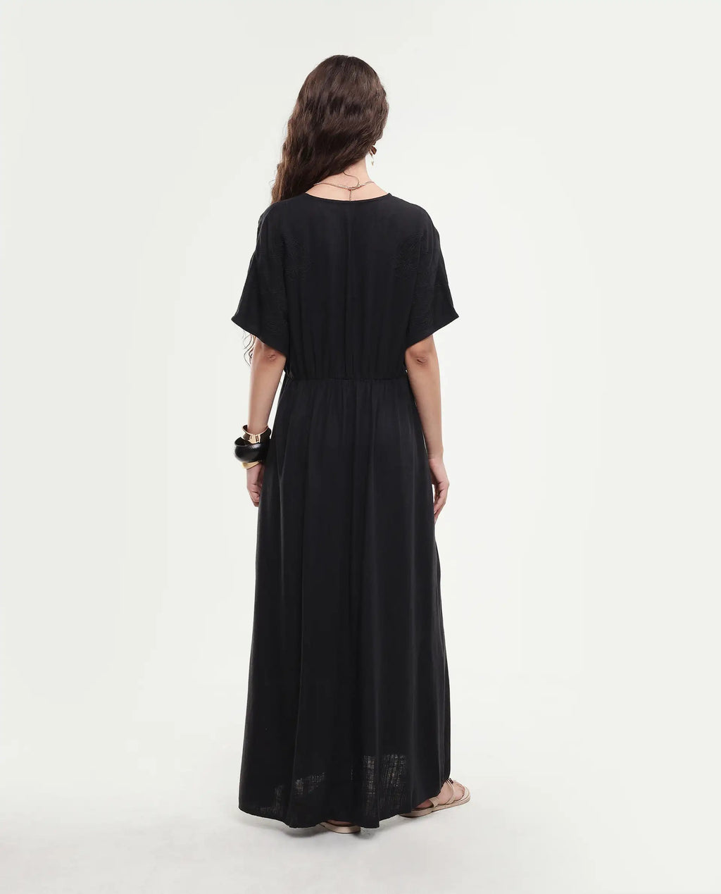 Rareism Women's Flynn Light Black Cotton Blend V-Neck Plain Extended Sleeves Maxi Fit And Flare Dress