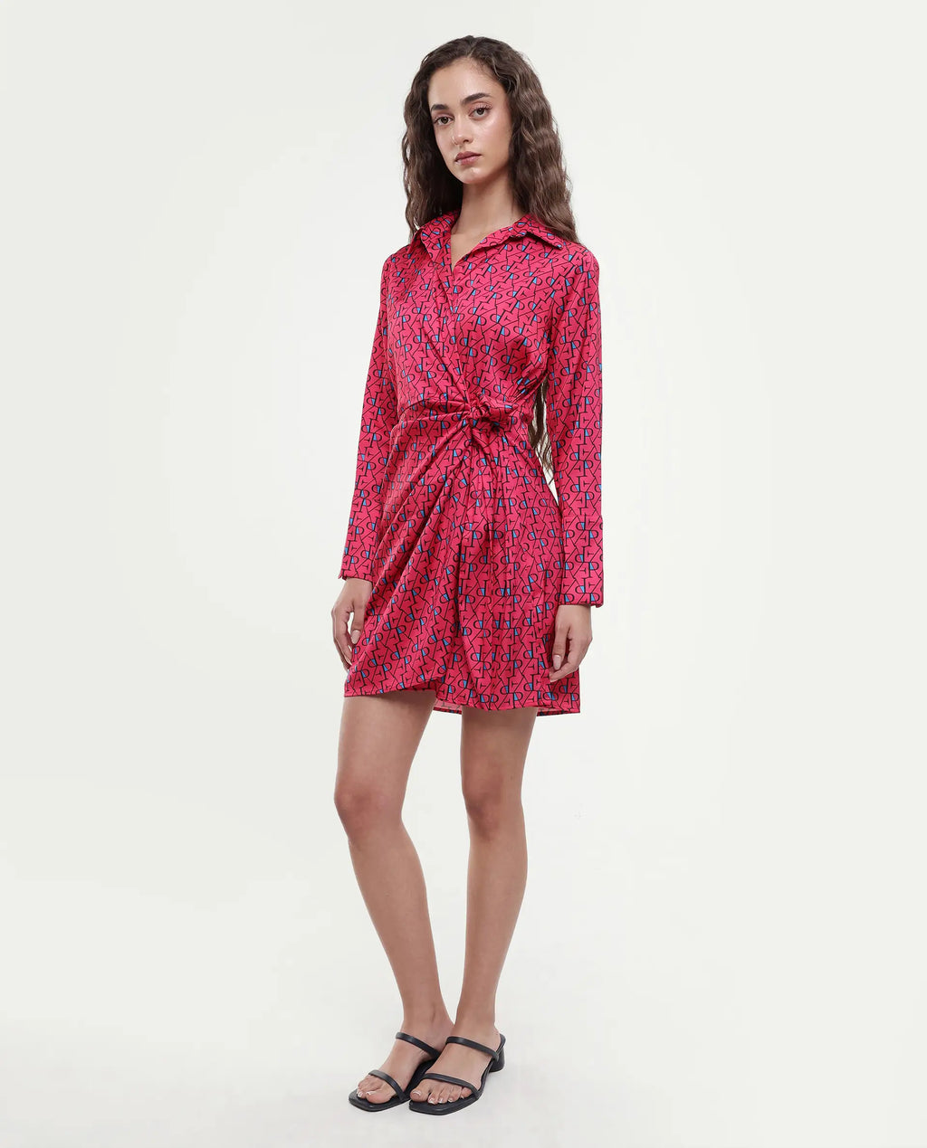 Rareism Women's Gangiv Flouroscent Pink Overlap Neck Monogram Print Cuffed Sleeve Mini Wrap Dress
