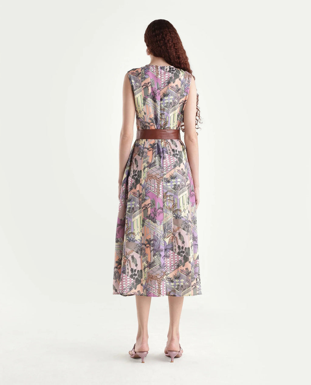 Rareism Women's Kaylee Multi Polyester Crew Neck Graphic Print Sleeveless Maxi Fit And Flare Dress