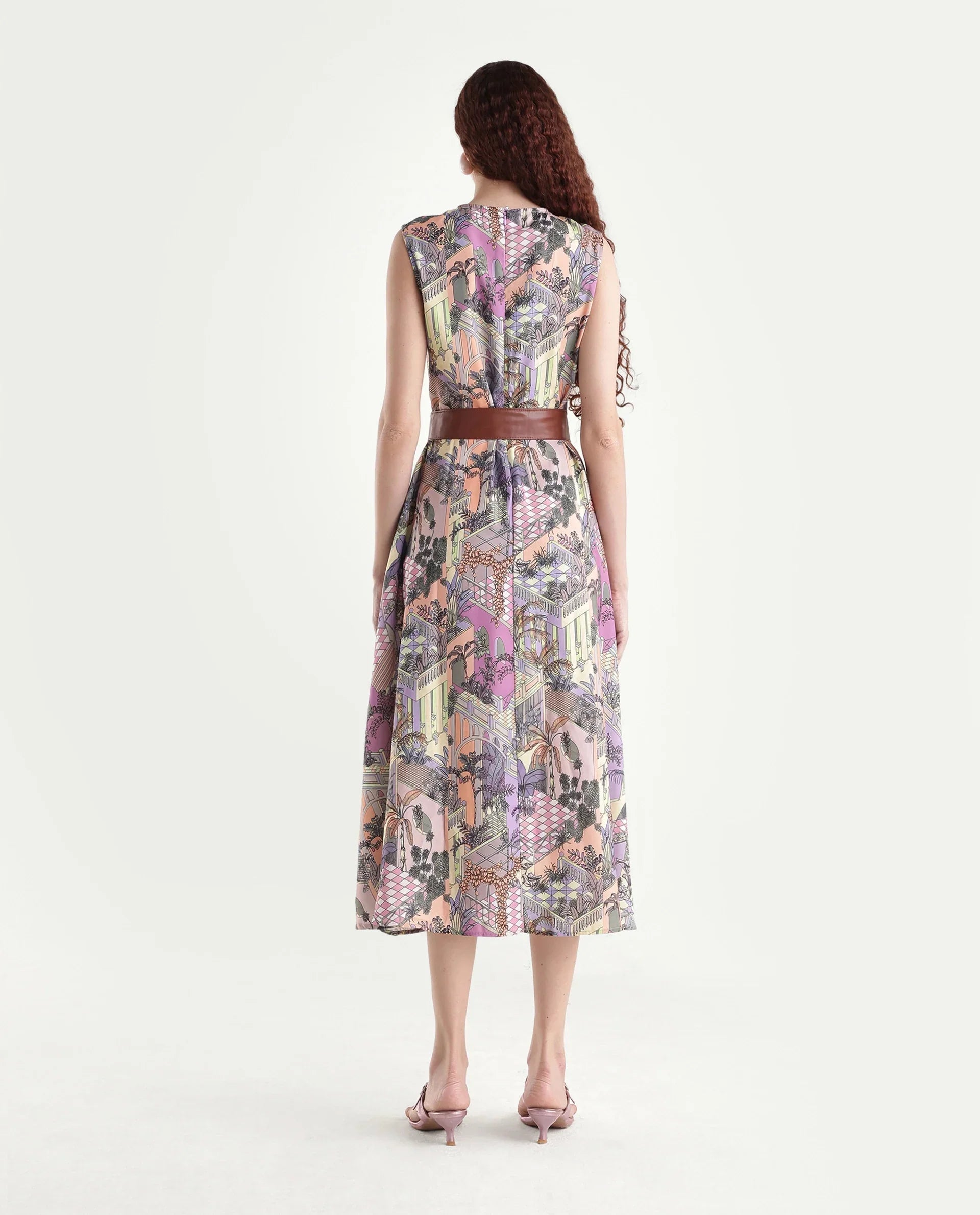 Rareism Women's Kaylee Multi Polyester Crew Neck Graphic Print Sleeveless Maxi Fit And Flare Dress