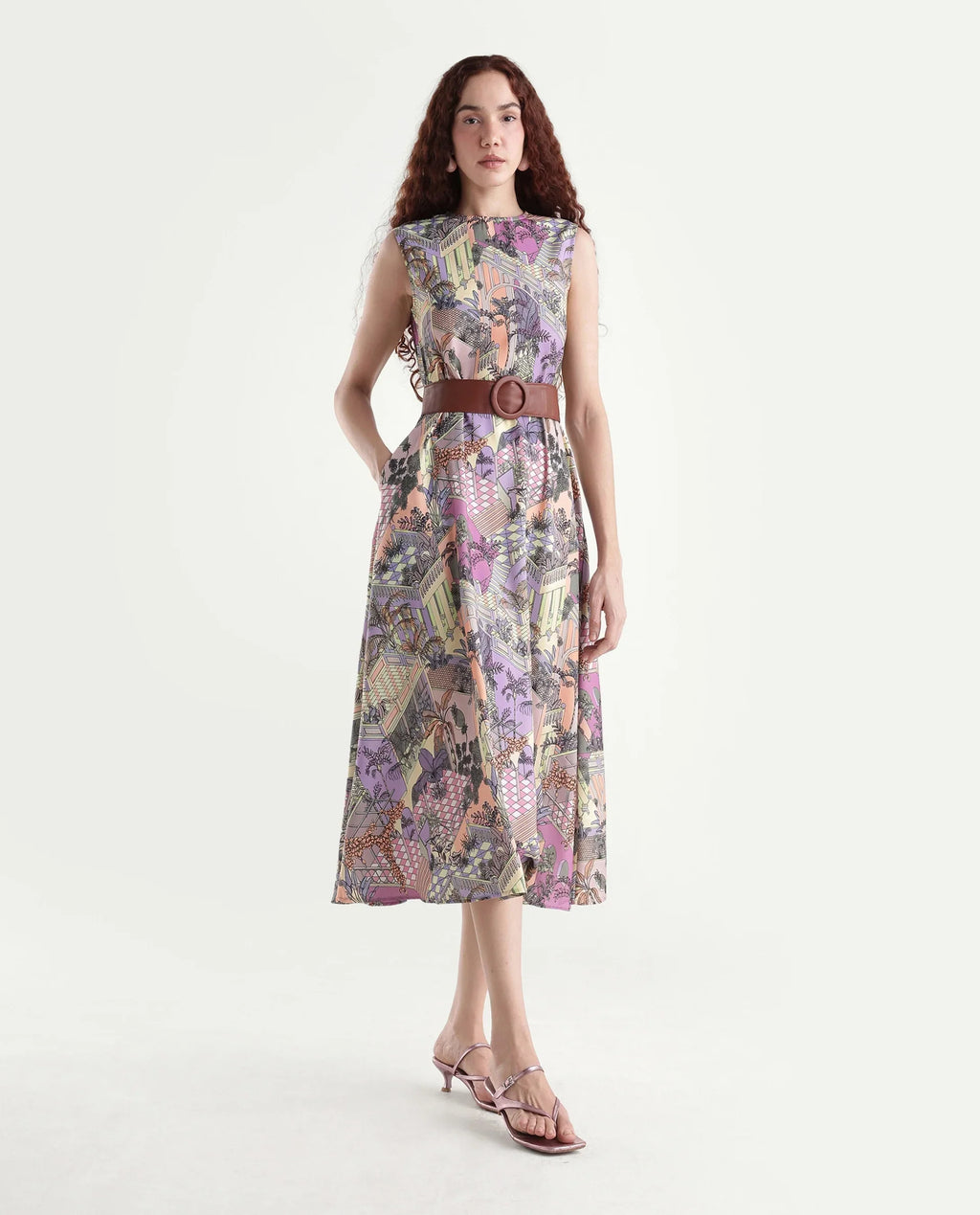 Rareism Women's Kaylee Multi Polyester Crew Neck Graphic Print Sleeveless Maxi Fit And Flare Dress