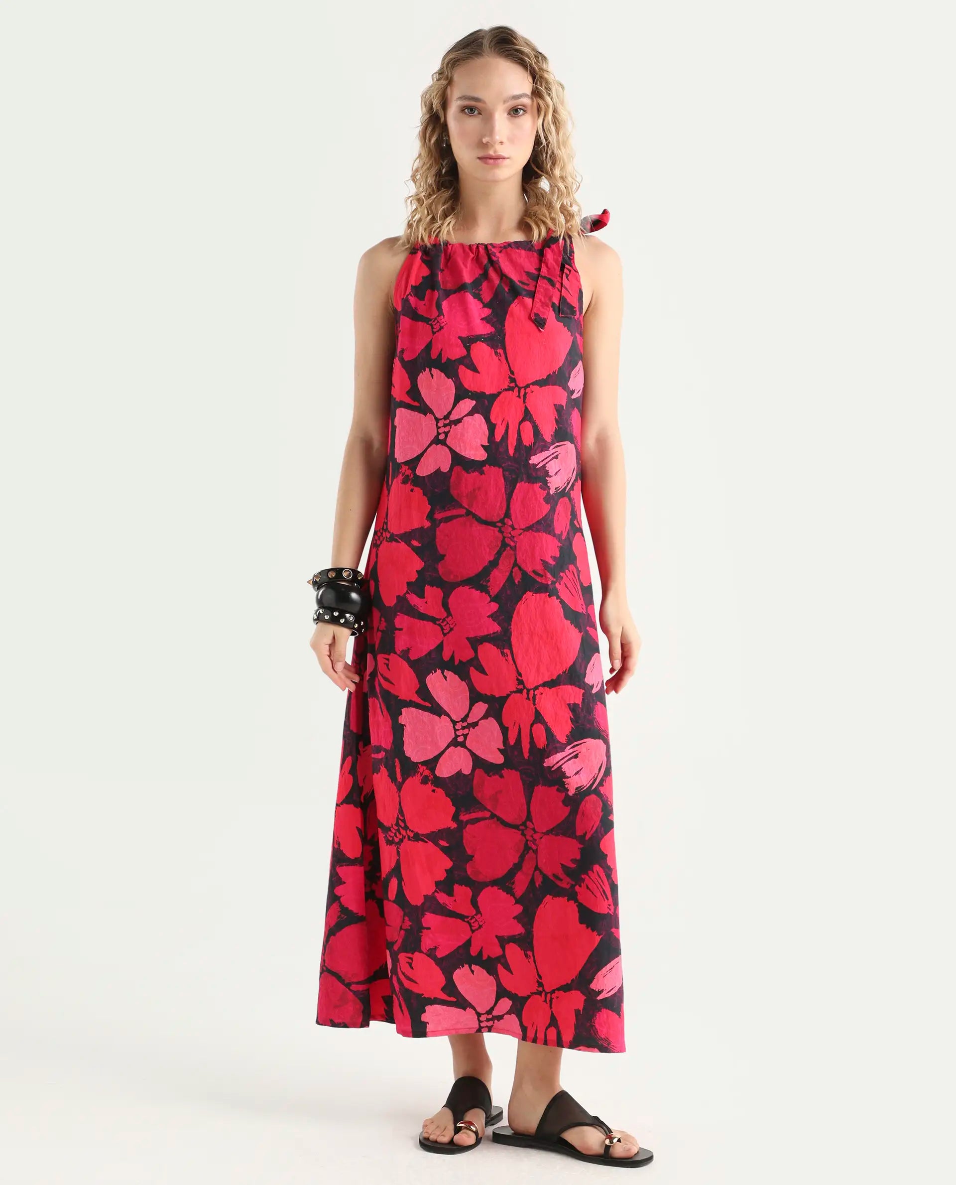 Rareism Women's Olya Multi Rayon Halter Neck Floral Print Sleeveless Maxi A-Line Dress