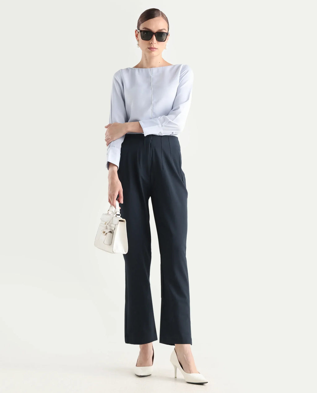 Rareism Women's Thompson Navy Cotton Plain Ankle Length Tapered Trouser