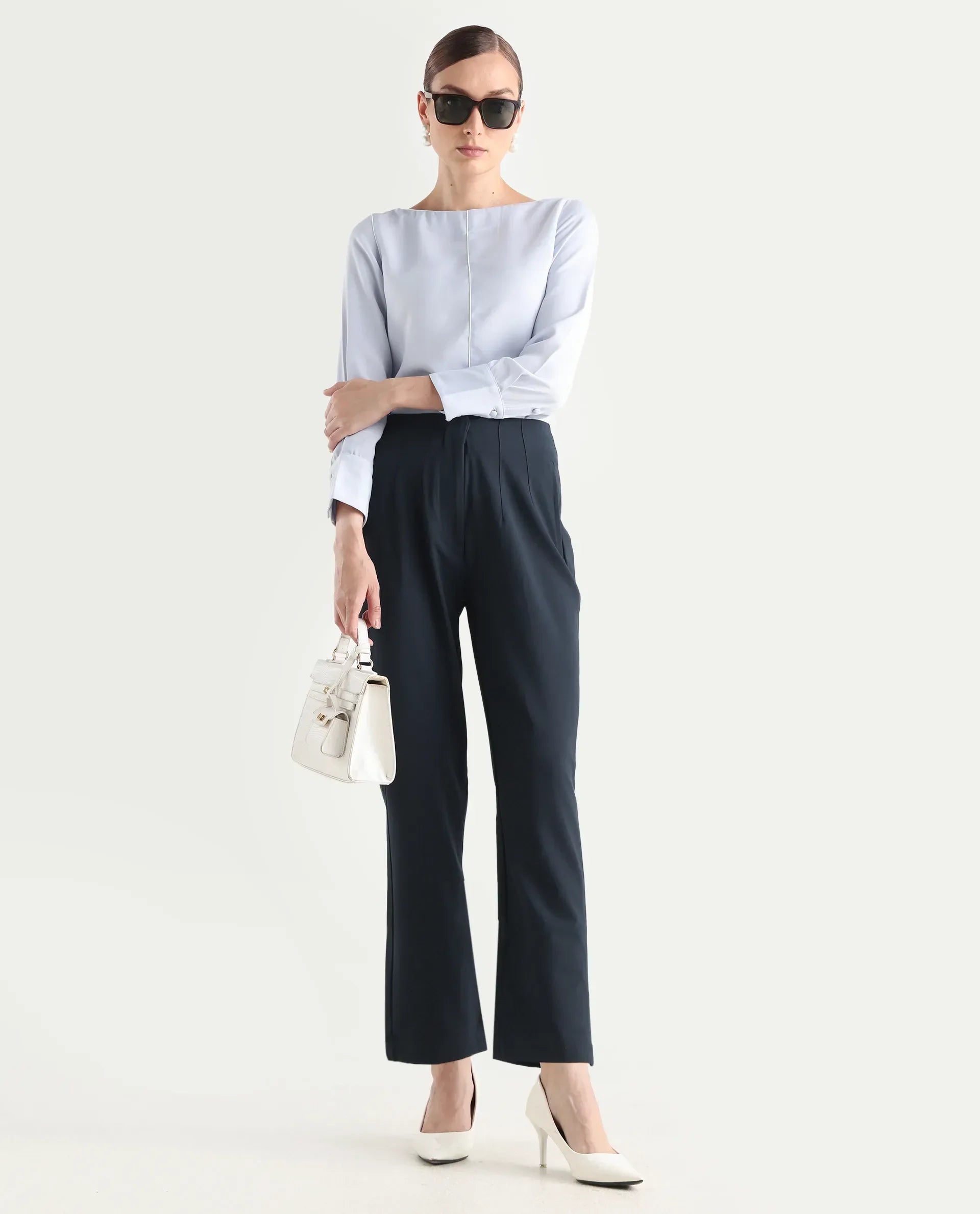 Rareism Women's Thompson Navy Cotton Plain Ankle Length Tapered Trouser