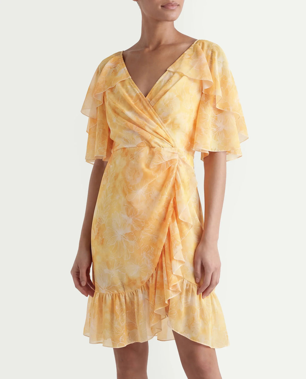 Rareism Women's Buckley Yellow Polyester Overlap Neck Floral Print Raglan Sleeve Knee Length Fit And Flare Dress