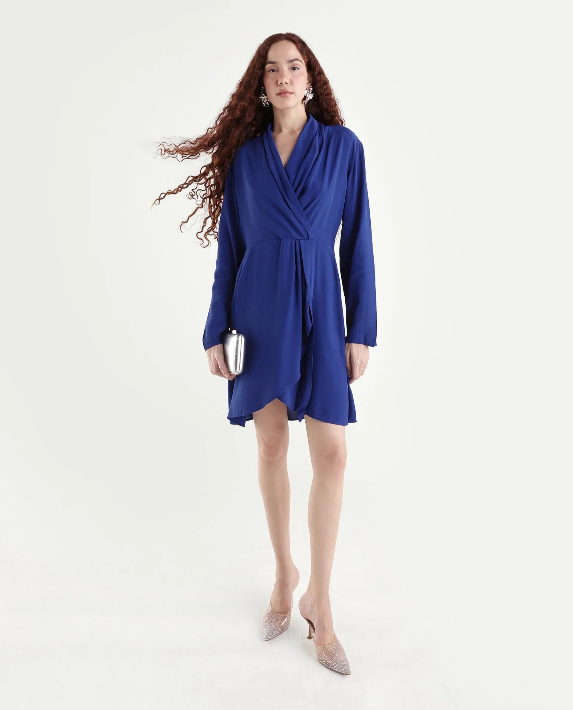 Rareism Women's Celler Flouroscent Blue Rayon Lapel Neck Plain Mini Wrap Dress