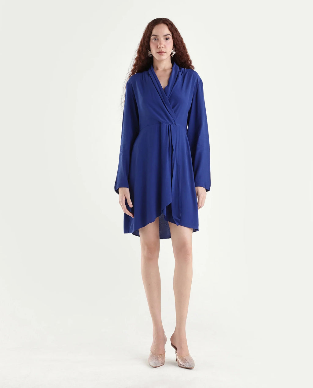 Rareism Women's Celler Flouroscent Blue Rayon Lapel Neck Plain Mini Wrap Dress