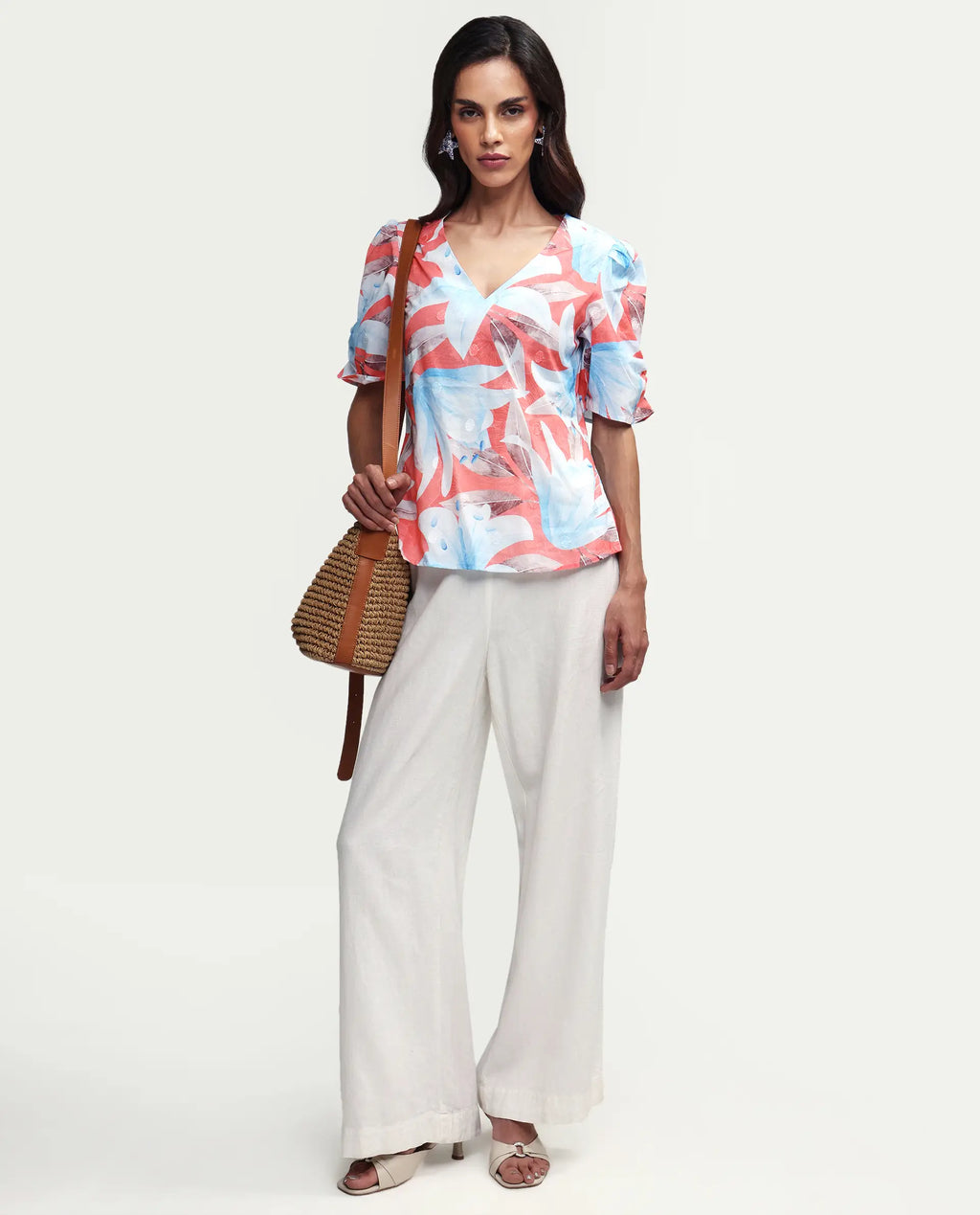 Rareism Women's Housto-T Pink Cotton V-Neck Floral Print Puff Sleeves Regular Fit Top