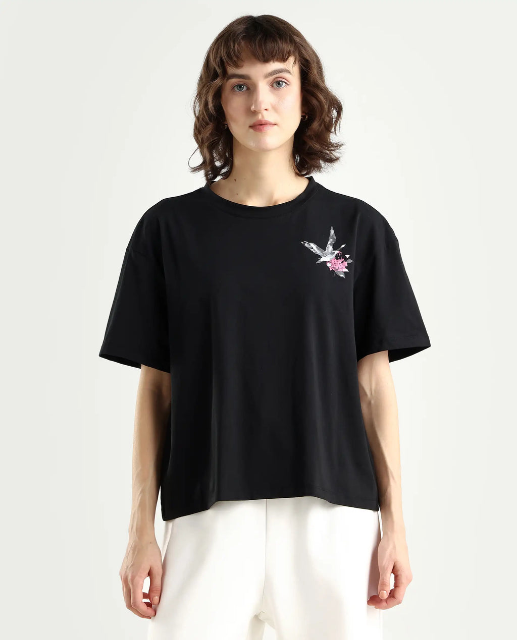 Rareism Women's Birdy Black Cotton Blend Crew Neck Graphic Print Boxy Fit T-Shirt