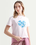 Rareism Women's Sydent Pastel Pink Cotton Blend Crew Neck Graphic Print Crop Regular Fit T-Shirt