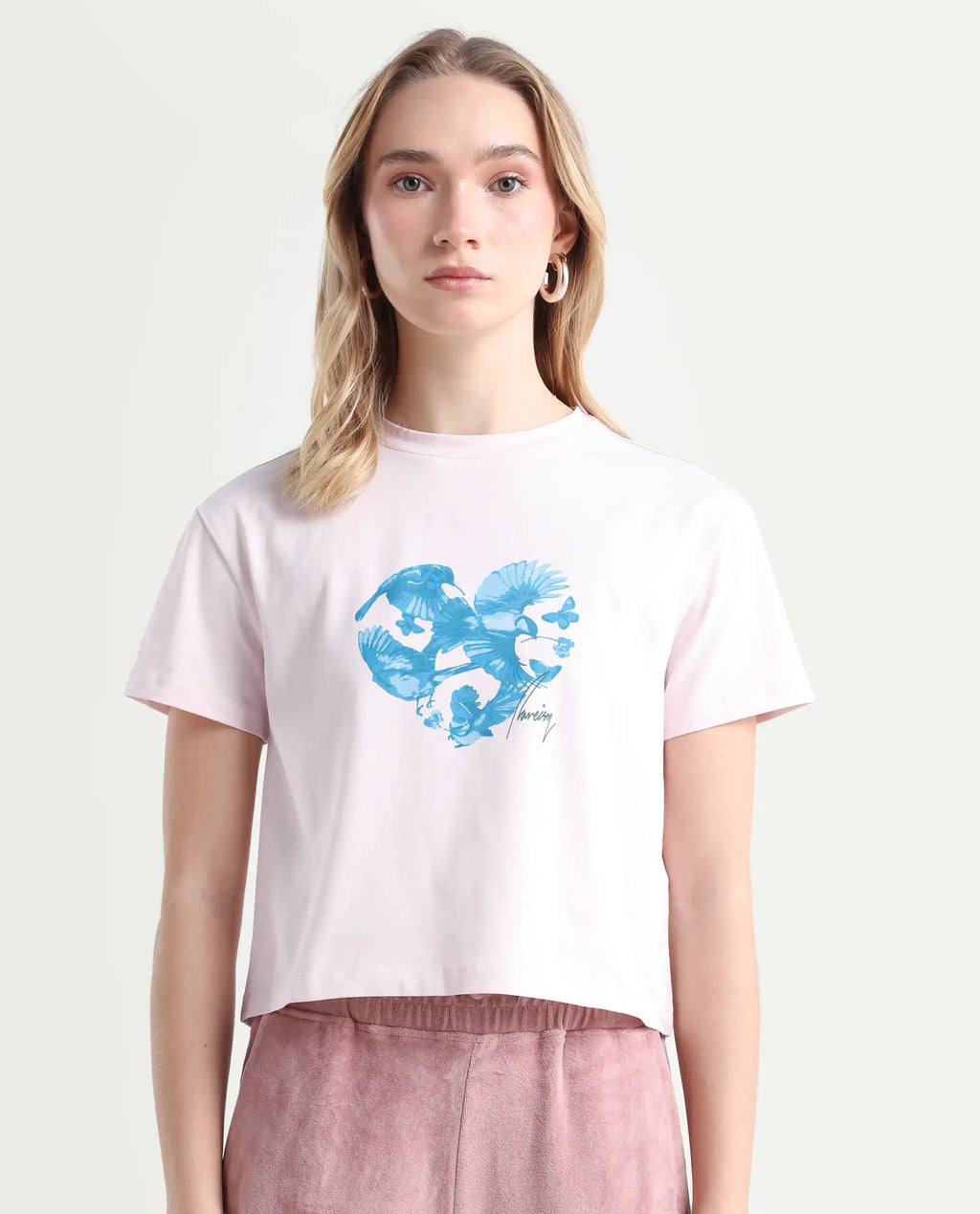 Rareism Women's Sydent Pastel Pink Cotton Blend Crew Neck Graphic Print Crop Regular Fit T-Shirt