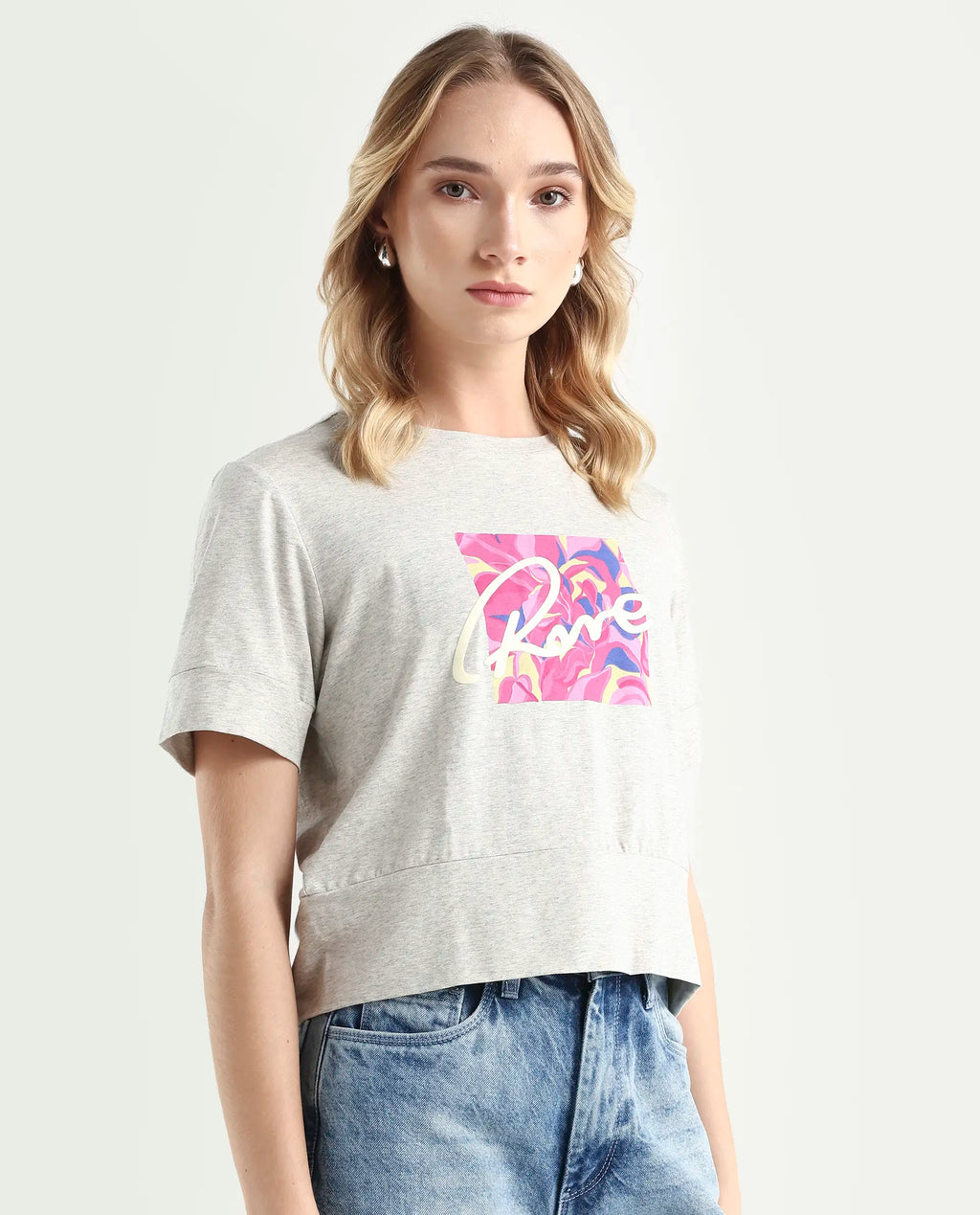 Rareism Women's Sandre Melange Grey Cotton Blend Crew Neck Graphic Print Regular Fit T-Shirt
