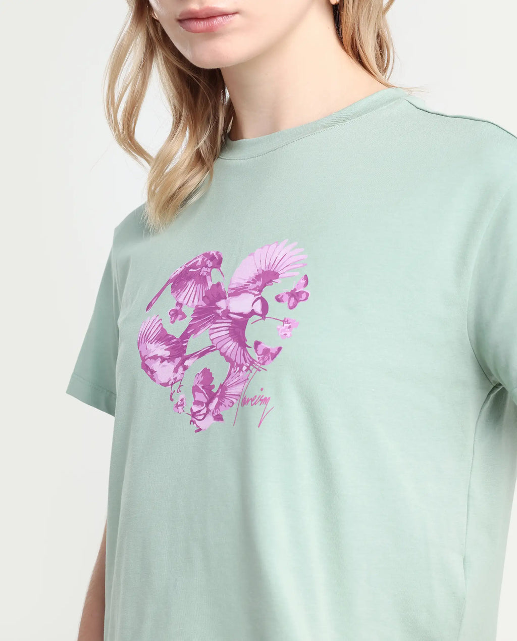 Rareism Women's Sydent Green Cotton Blend Crew Neck Graphic Print Crop Regular Fit T-Shirt