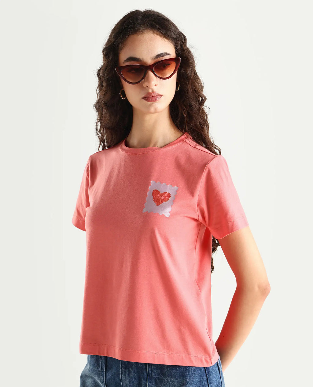 Rareism Women's Strudant Peach Cotton Blend Crew Neck Graphic Print Regular Fit T-Shirt