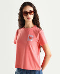 Rareism Women's Strudant Peach Cotton Blend Crew Neck Graphic Print Regular Fit T-Shirt